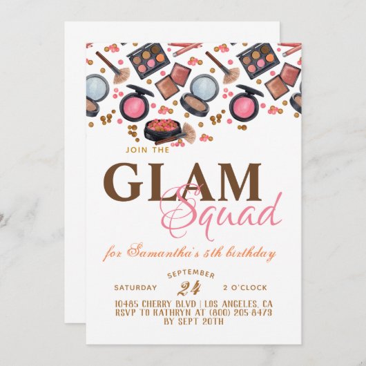 Glam Squad Makeup Birthday Uitnodiging (Voorkant / Achterkant)