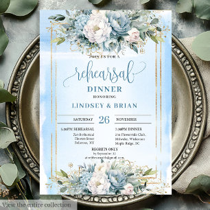 Glam Stofblauw Witte Bloemengold Proefbruiloft Uit Kaart