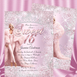 Glam Sweet 16 Roze Zilver Winter Wonderland Tiara Kaart