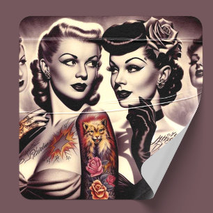 Glam Tattoo Pinups Vierkante Kartonnen Onderzetter