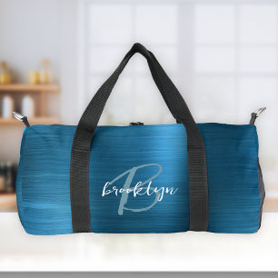 Glam Teal Blau Geborsteld Metaal Witte Monogram Plunjezak
