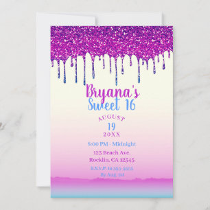 Glam trendy roze blauwe glittersaus Sweet 16 feest Kaart