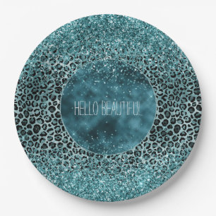 Glam Turquoise Blauwgroen Blue Leopard Print Glitt Papieren Bordje
