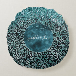 Glam Turquoise Blauwgroen Blue Leopard Print Glitt Rond Kussen