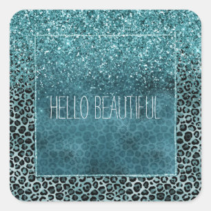 Glam Turquoise Blauwgroen Blue Leopard Print Glitt Vierkante Sticker