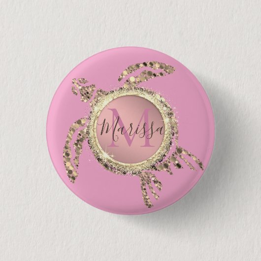 Glam Turtle Monogram Ronde Button 3,2 Cm (Voorkant)