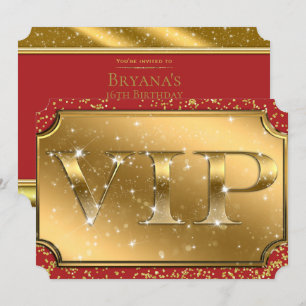 Glam VIP Party Event Ticket Gold & Red Sparkle Kaart