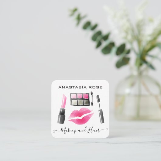 Glam White en roze lipstick Eyeshadow Makeup Artis Vierkante Visitekaartje (Staand voorkant)