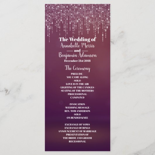Glam White Fairy Licht Paarse roze bruiloft progra Programma (Voorkant)