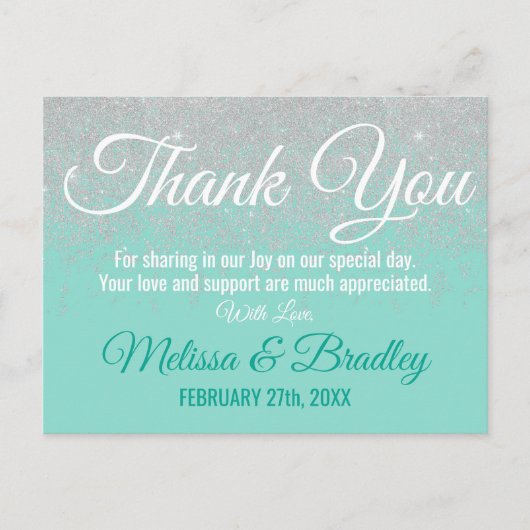 Glam White Glitter Sparkles Blauwgroen Bedankt Briefkaart (Voorkant)