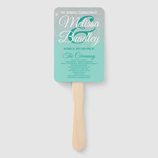 Glam White Glitter Sparkles Blauwgroen bruiloft pr Handwaaier (Achterkant)