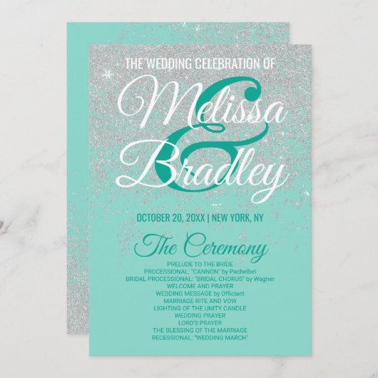 Glam White Glitter Sparkles Blauwgroen bruiloft pr Programma (Voorkant / Achterkant)