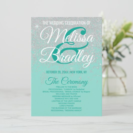 Glam White Glitter Sparkles Blauwgroen bruiloft pr Programma (Staand voorkant)