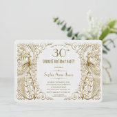 Glam White Gold Art Deco Peacocks Birthday Invite Kaart (Staand voorkant)