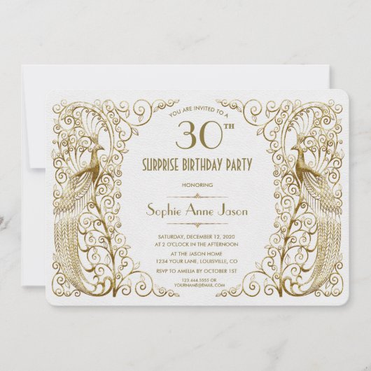 Glam White Gold Art Deco Peacocks Birthday Invite Kaart (Voorkant)