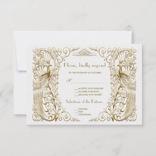 Glam White Gold Art Déco Peacocks Mariage RSVP (Devant)