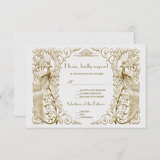 Glam White Gold Art Déco Peacocks Mariage RSVP (Devant / Derrière)