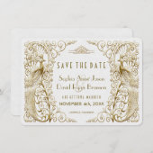Glam White Gold Art Deco Peacocks sparen de datum Save The Date (Voorkant / Achterkant)