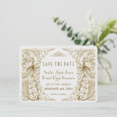 Glam White Gold Art Deco Peacocks sparen de datum Save The Date (Staand voorkant)