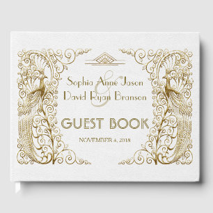 Glam White Gold Art Deco Peacocks Weddenschap Gastenboek