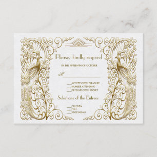 Glam White Gold Art Deco Peacocks Weddenschap RSVP Kaartje