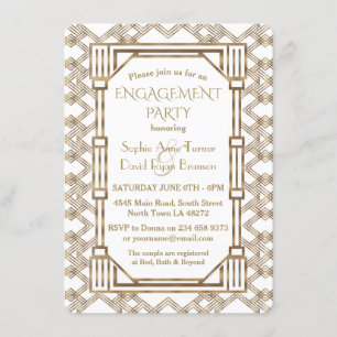Glam White Gold Great Gatsby Engagement Party Kaart