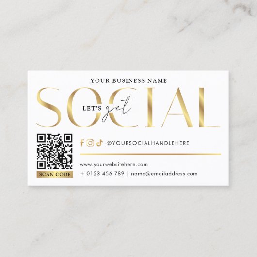 Glam White & Gold Let's Get Social Media QR Code Visitekaartje (Voorkant)