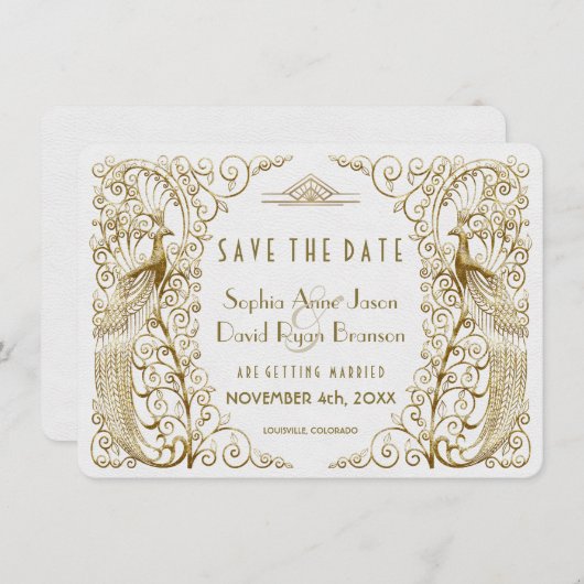 Glam White Goud Art Deco Pauw Save The Date (Voorkant / Achterkant)