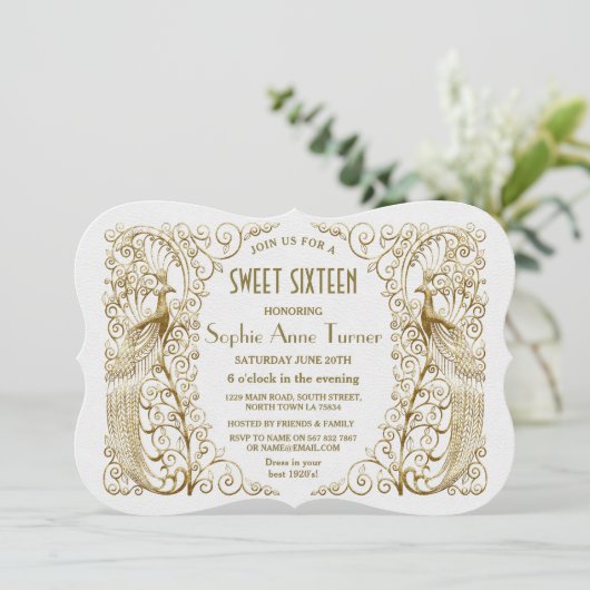 Glam White Goud Art Deco Pauwen Sweet Sixteen Kaart (Staand voorkant)