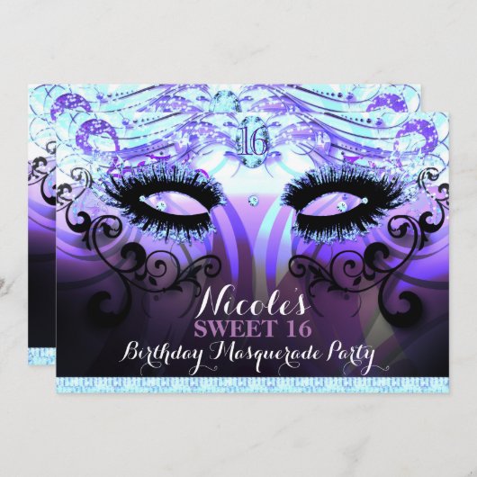 Glam Wimpers Paarse Masquerade Party Uitnodigingen (Voorkant / Achterkant)