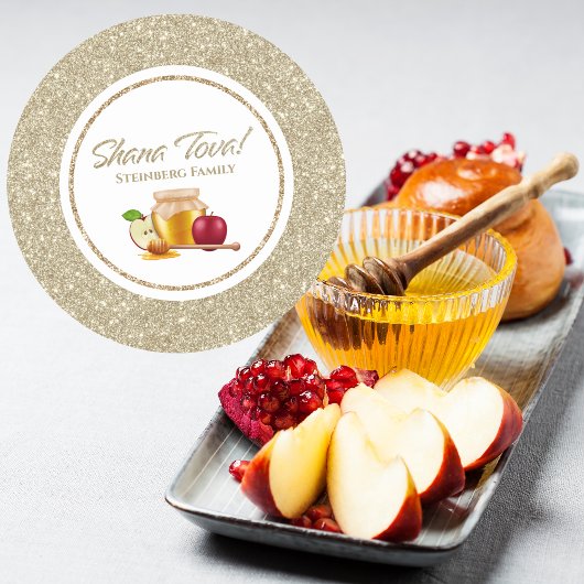 Glam Wit en Goud Glitter Joodse Rosh Hashanah Ronde Sticker