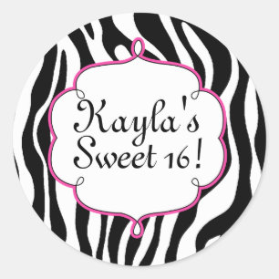 Glam zebraprint en roze Sweet 16-feeststicker Ronde Sticker
