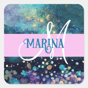 Glam Zeemeermin Aqua Goud Glitters Glans Monogram Vierkante Sticker