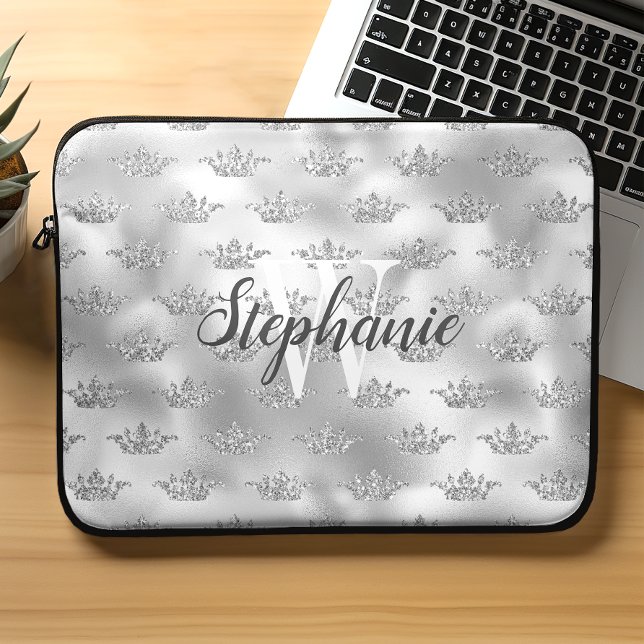 Glam Zilver Folie Glitter Kroon Patroon Monogram Laptop Sleeve (Creator heeft geüpload)