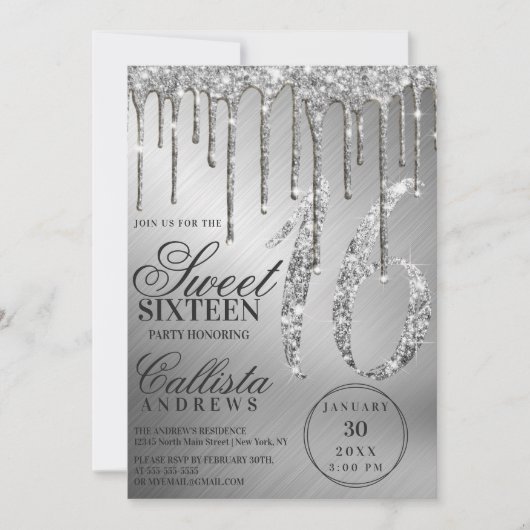 Glam Zilver Metallic Glitter Drips Sweet 16 Kaart (Voorkant)