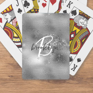 Glam Zilver Moderne Script Monogram Pokerkaarten