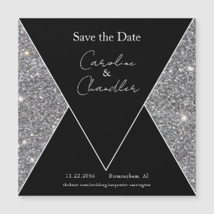Glam Zilver & Zwart Bruiloft Save the Date Magneti