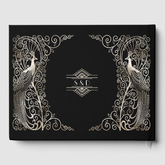 Glam Zilveren Art Deco Pauw Huwelijk Gastenboek (Achterkant)