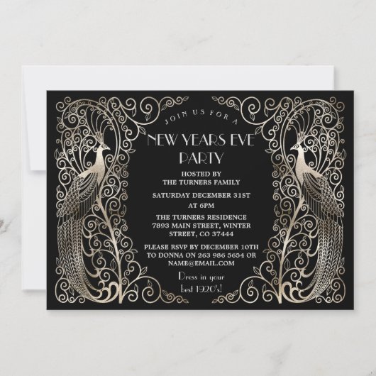 Glam Zilveren Art Deco Pauwen Oud en Nieuw Kaart (Voorkant)