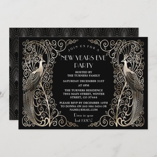 Glam Zilveren Art Deco Pauwen Oud en Nieuw Kaart (Voorkant / Achterkant)