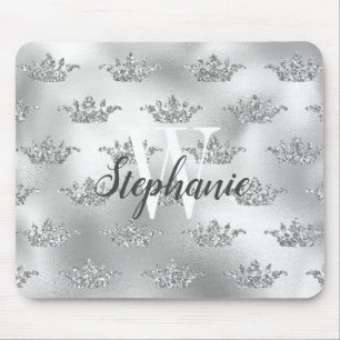 Glam Zilveren Folie Glitter Kroon Patroon Monogram Muismat