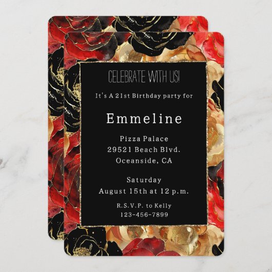 Glam Zwart Goud Glitter Glitzy Bloemen Verjaardag Kaart (Voorkant / Achterkant)