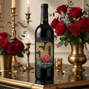 Glam Zwart Goud Rode Roos 50ste Verjaardagsfeest Wijn Etiket