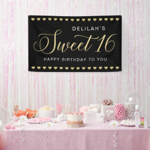 Glam Zwart Gouden Hart Sweet 16 Verjaardag Spandoek