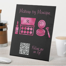 Glam Zwart & Heet Roze Make-up Artiest QR Code Reclamebord Met Voetstuk