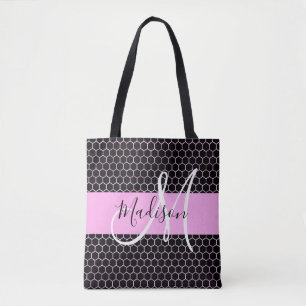 Glam Zwart Metallic Roze Honingraat Monogram Naam Draagtas