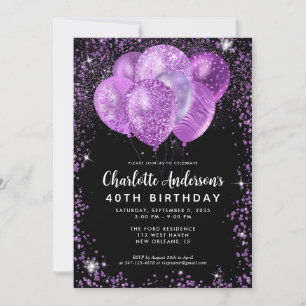 Glam Zwart Paars Violet Glitter Ballon Verjaardag Kaart