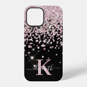 Glam Zwart Rose Goud Diamant Confetti Monogram iPhone 12 Pro Hoesje