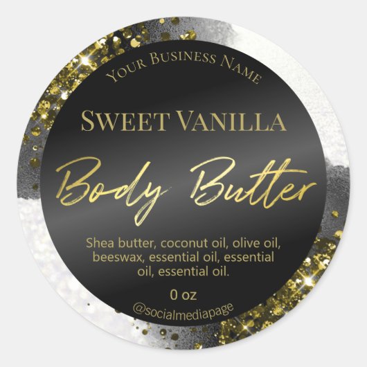 Glam Zwart Wit Goud Glitter Body Butter Labels (Voorkant)