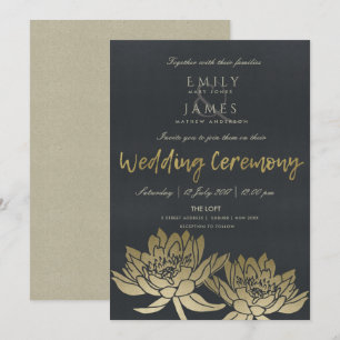 GLAMOORD BLEEK GOLD BLACK LOTUS FLORAL WEDING KAART